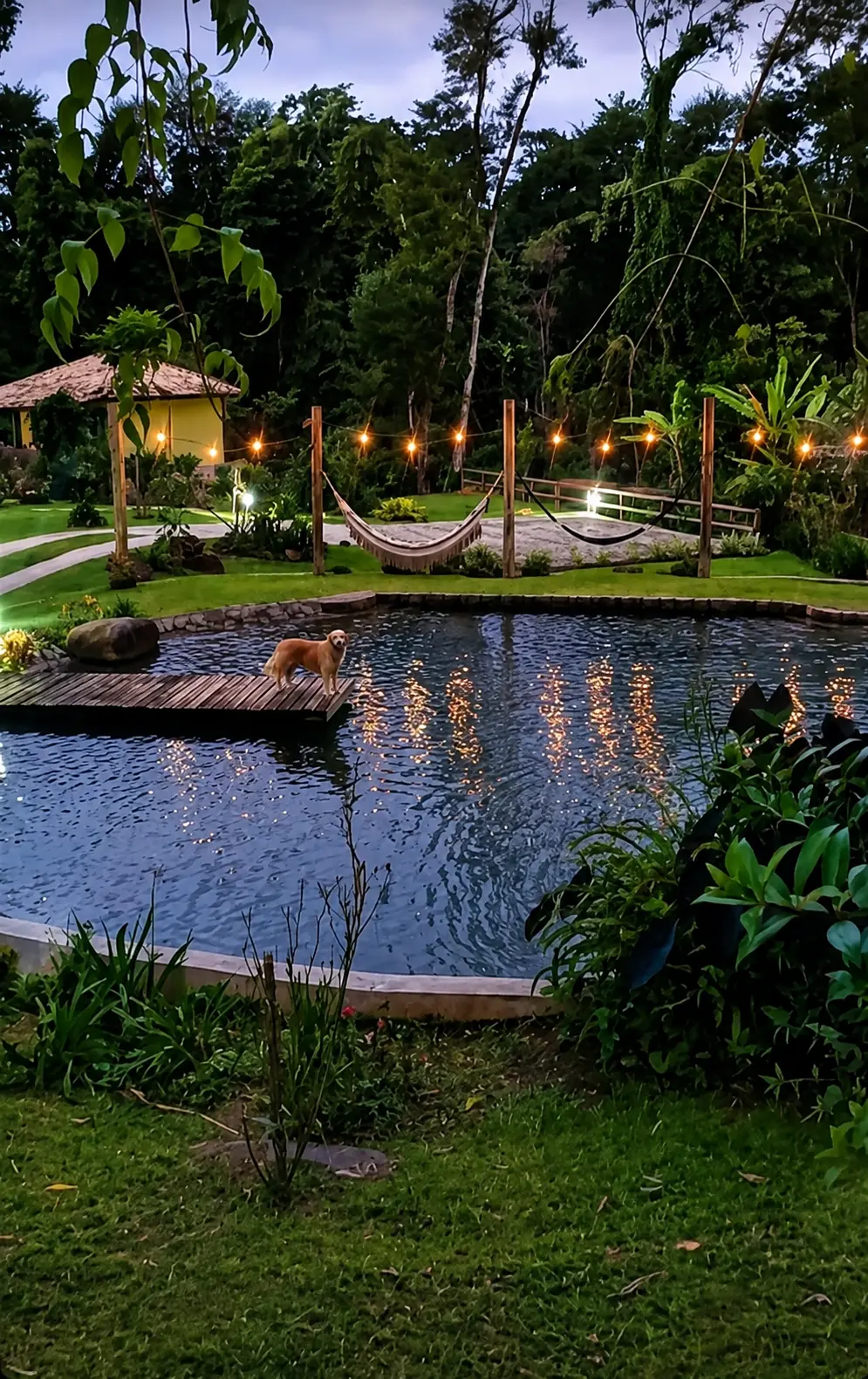 Lago e jardins iluminados no espaço para eventos do Bangalô do Lago em Paraty